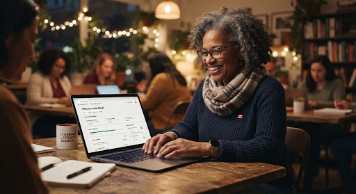 Mature adult Canadian student in her 50s smiling with renewed confidence while typing on a modern laptop in a comfortable evening workshop, gentle warm ambient light, dignified and inspiring.