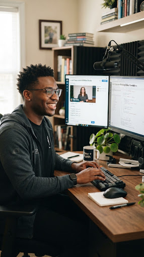 A young developer with glasses smiling while monitoring two screens of code in a bright home office.