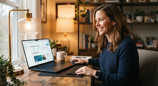 An adult professional in their late 30s in a cozy home workspace looking with renewed confidence and optimism at a high-resolution laptop screen, illuminated by soft golden table lamp light, symbolizing fresh beginnings and second chances.