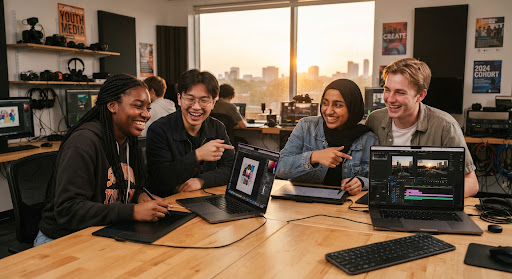 Multicultural Canadian teenagers in a modern Scarborough community media studio working with digital drawing tablets and video editing timelines, sharing laughter while creating graphics, with warm sunset studio illumination.