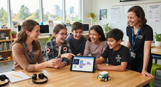 Canadian pre-teen students smiling around a brightly lit classroom table, building an interactive game with colorful block programming blocks on a tablet, guided by warm adult instructors with high trust and safety safeguards in place.