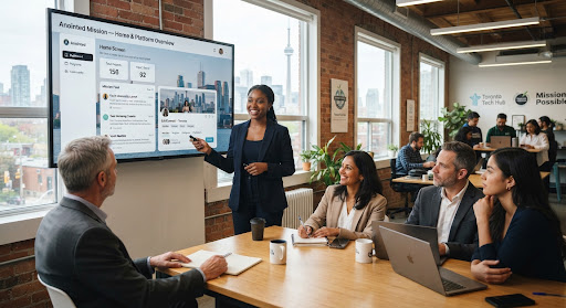 Young adult collegiate learner in Toronto presenting a mobile tech startup prototype on a screen to attentive mentors in an urban incubator room, professional yet encouraging vibe.