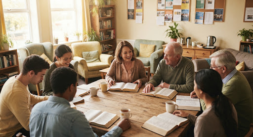 An inviting, warmly lit community room with comfortable chairs, people of various ages sharing tea and reading open Bibles with radiant, encouraging expressions, embodying faith, community, and spiritual renewal.