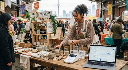 An energetic aspiring entrepreneur arranging handmade sustainable retail goods beside a portable payment terminal and laptop display with store analytics in a bright creative marketplace setting in Toronto.