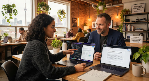 A focused young adult and professional mentor collaborating in a warm modern Toronto community lab over laptop screens displaying AI prompt workflows, surrounded by warm amber accent lighting, plants, and natural morning daylight.