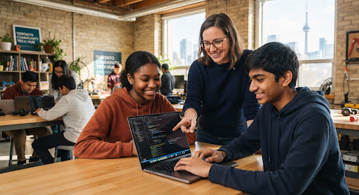 A focused young female and male youth collaborating on a modern laptop in a sunlit community technology workshop in Toronto, smiling as an adult mentor reviews code with them. Warm daylight, candid, inspiring, limestone interior textures, modern civic environment.